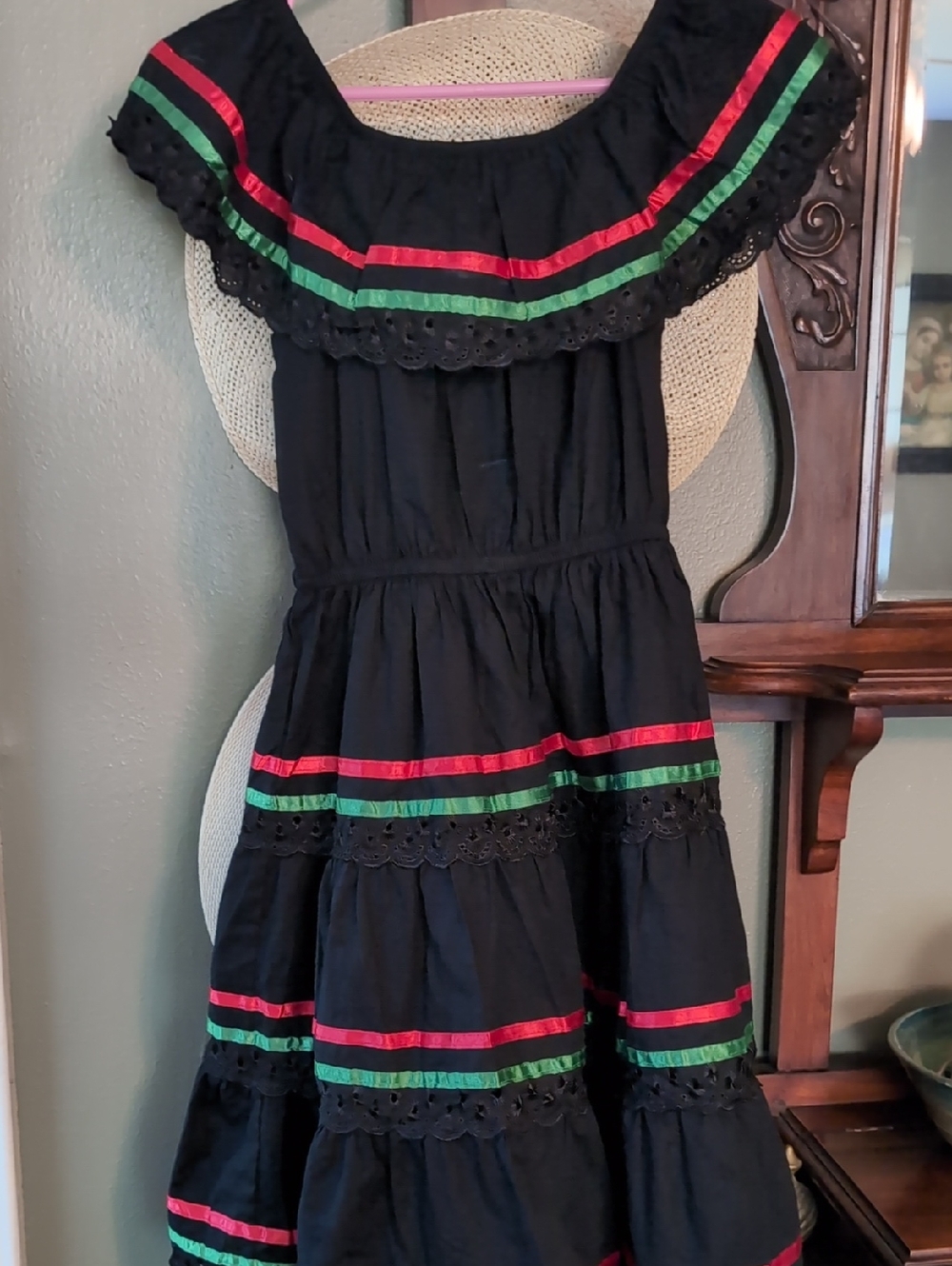 Unik Black Off-Shoulder Dress with Red & Green Trim Perfect For Fiesta !